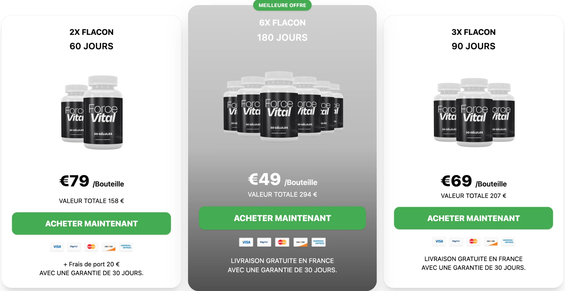 Tarifs officiels ForceVital FR LU BE : 2 flacons à 79 €, 3 flacons à 69 €, 6 flacons à 49 € par bouteille